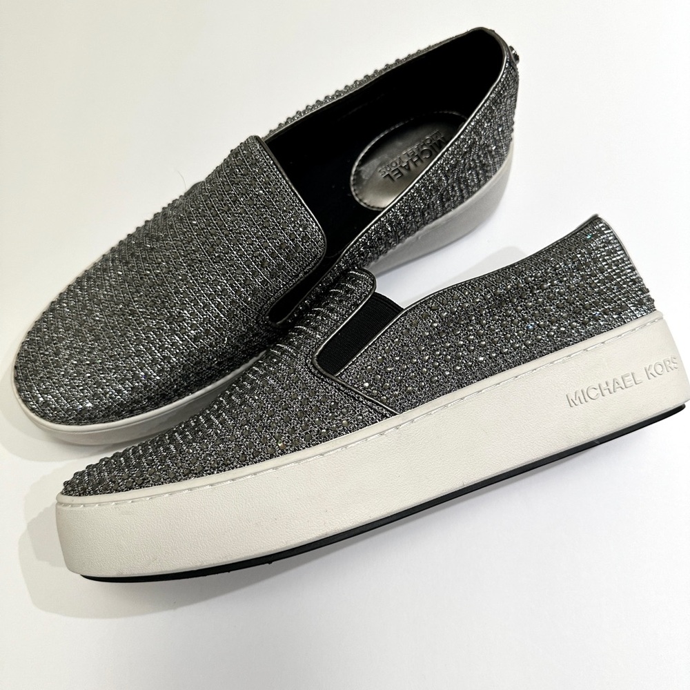 MICHAEL KORS TRENT GLITTER-CHAIN MESH SLIP-ON SNEAKERS BLACK/SILVER 9.5 M NWOB